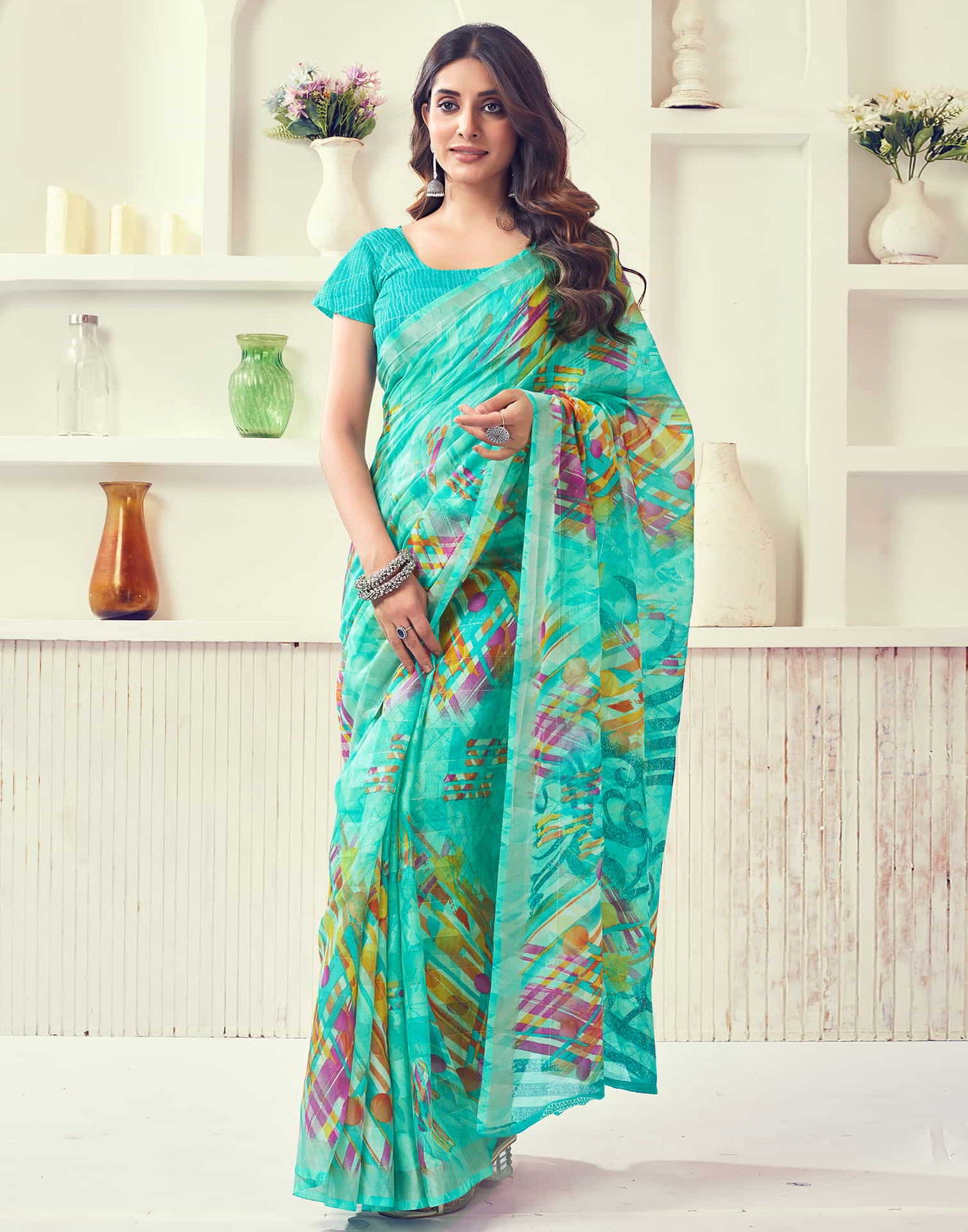 Turquoise Printed Cotton Geometric Saree