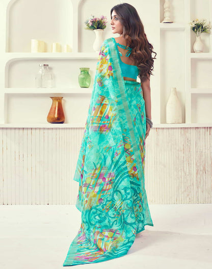 Turquoise Printed Cotton Geometric Saree