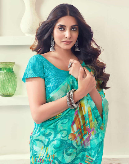 Turquoise Printed Cotton Geometric Saree