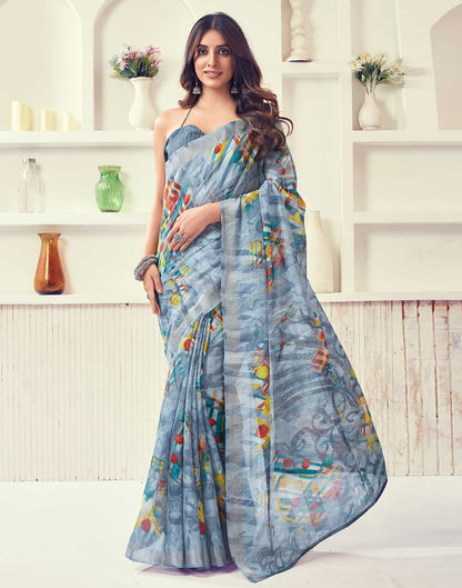 Grey Printed Cotton Geometric Saree