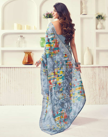 Grey Printed Cotton Geometric Saree