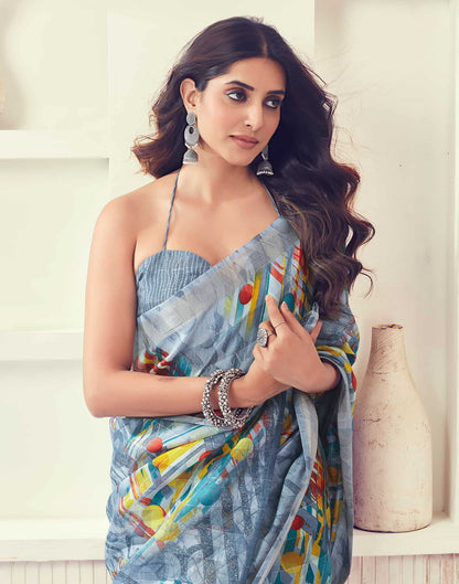 Grey Printed Cotton Geometric Saree