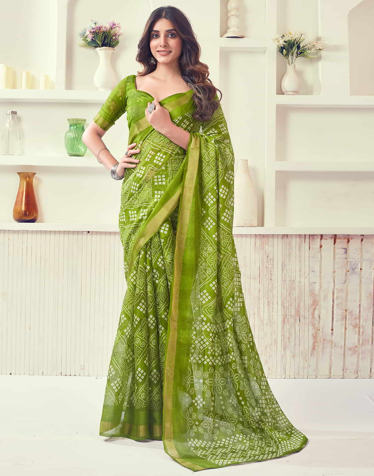 Green Printed Cotton Bandhani Saree Sudathi