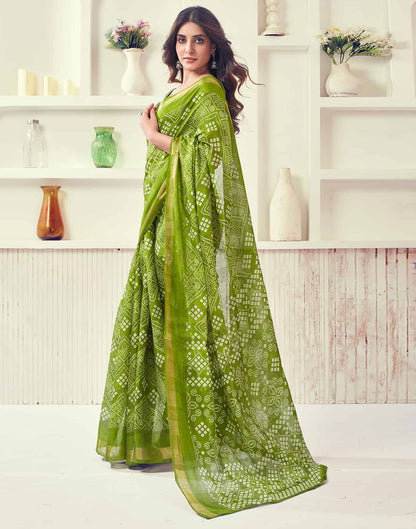 Green Printed Cotton Bandhani Saree