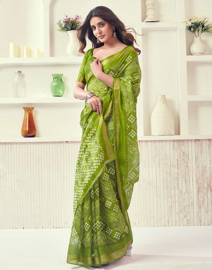 Green Printed Cotton Bandhani Saree