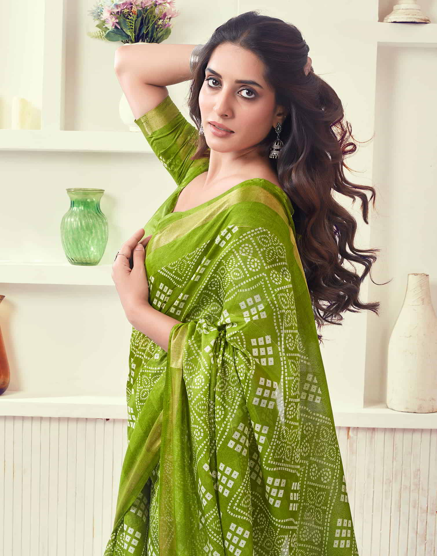 Green Printed Cotton Bandhani Saree