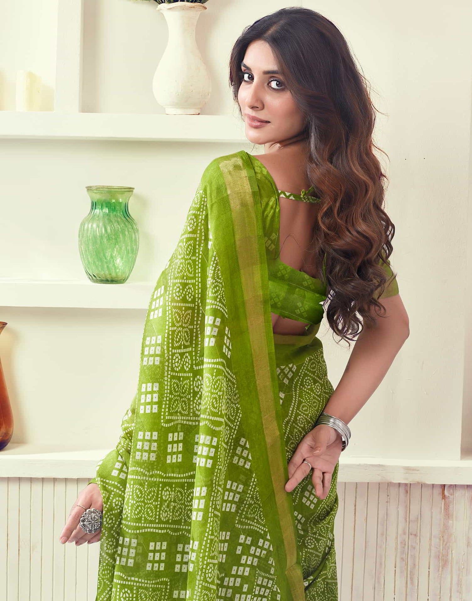 Green Printed Cotton Bandhani Saree