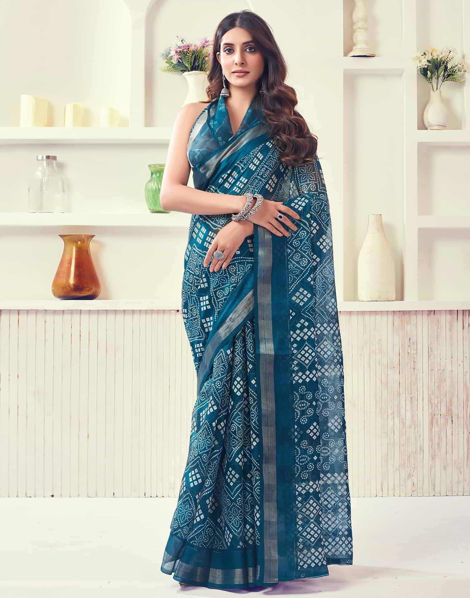 Blue Printed Cotton Bandhani Saree