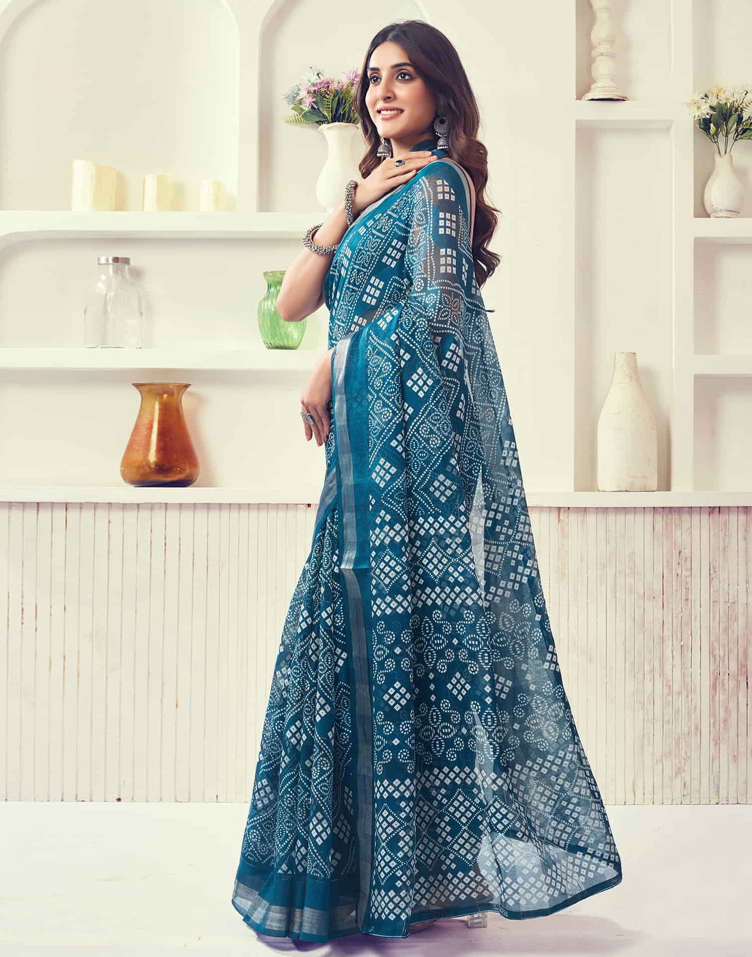 Blue Printed Cotton Bandhani Saree