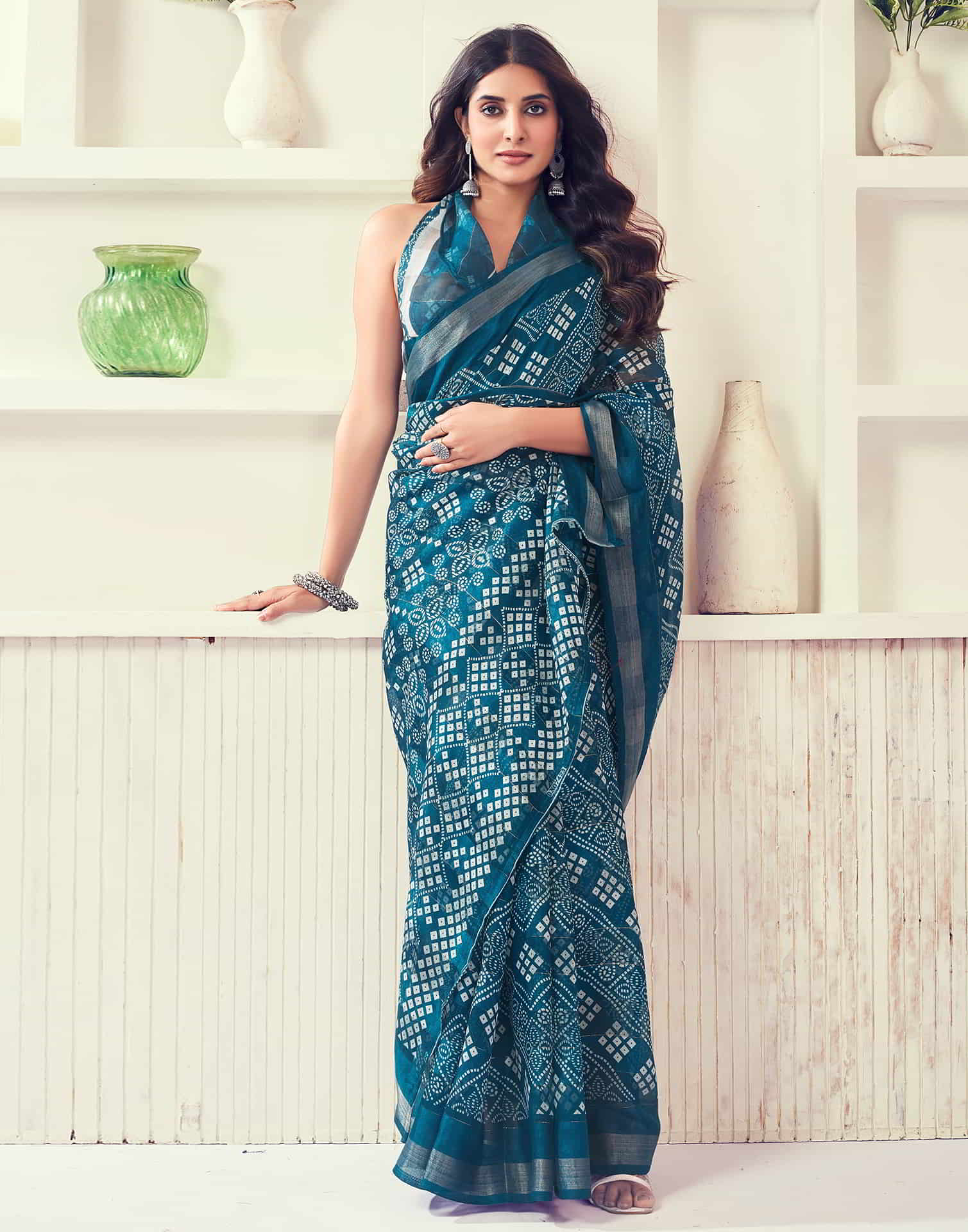 Blue Printed Cotton Bandhani Saree