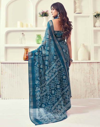 Blue Printed Cotton Bandhani Saree