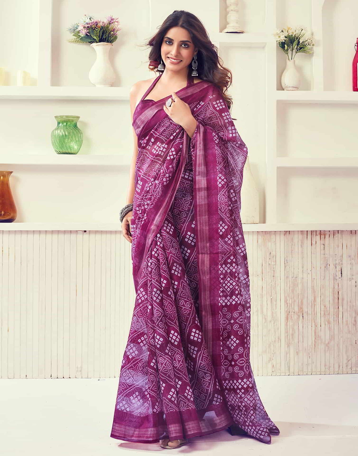 Wine Printed Cotton Bandhani Saree