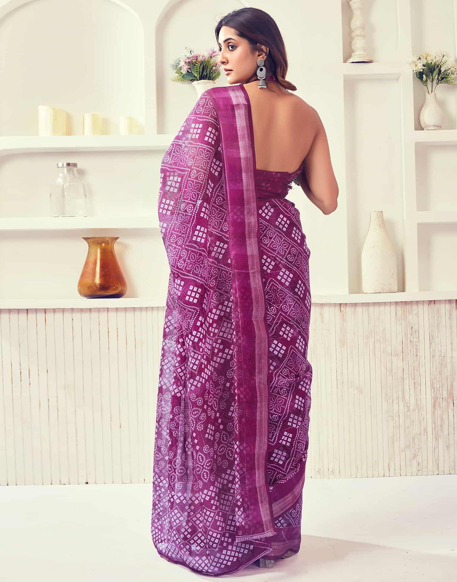 Wine Printed Cotton Bandhani Saree