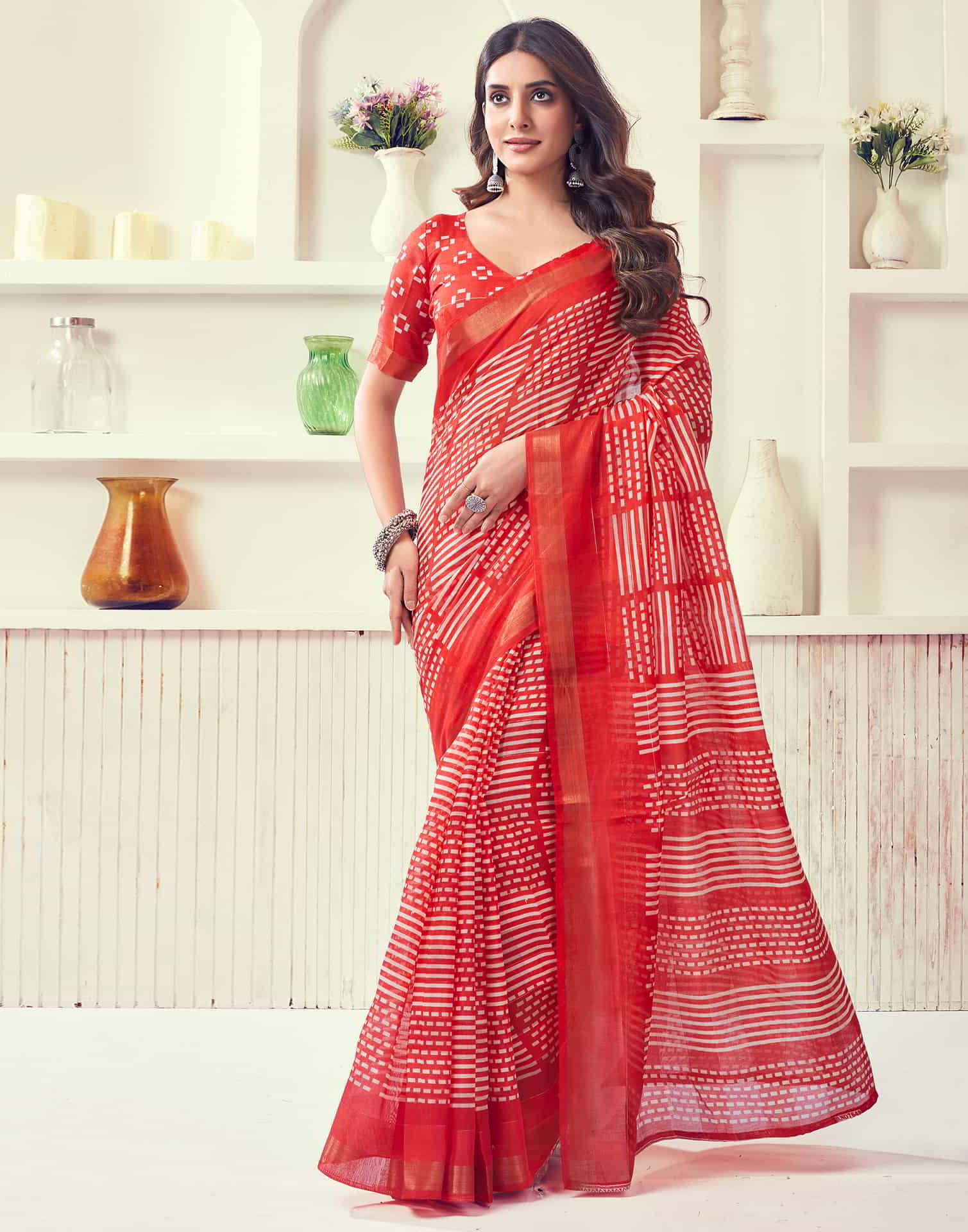 Red Printed Cotton Geometric Saree