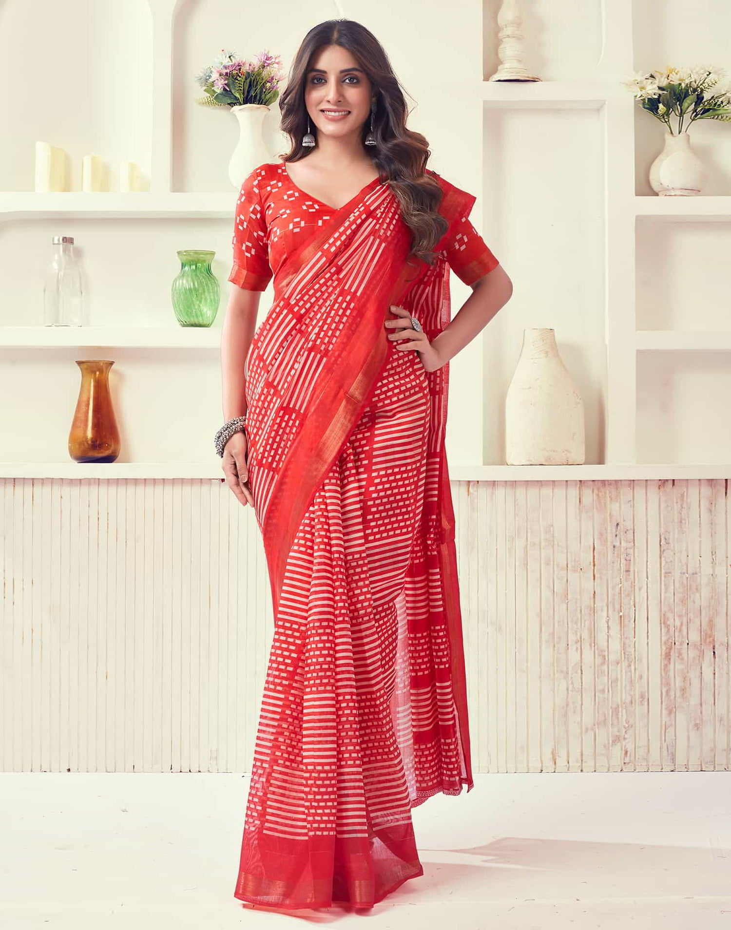 Red Printed Cotton Geometric Saree