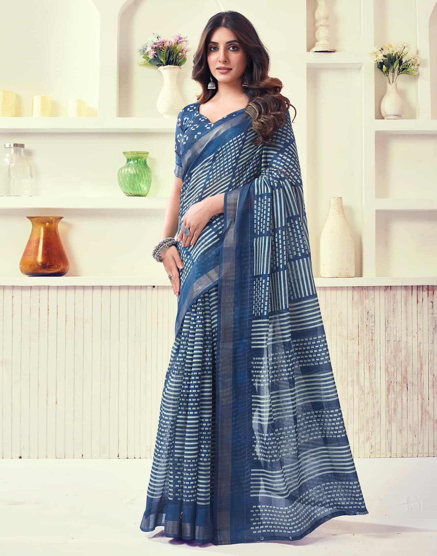 Blue Printed Cotton Geometric Saree