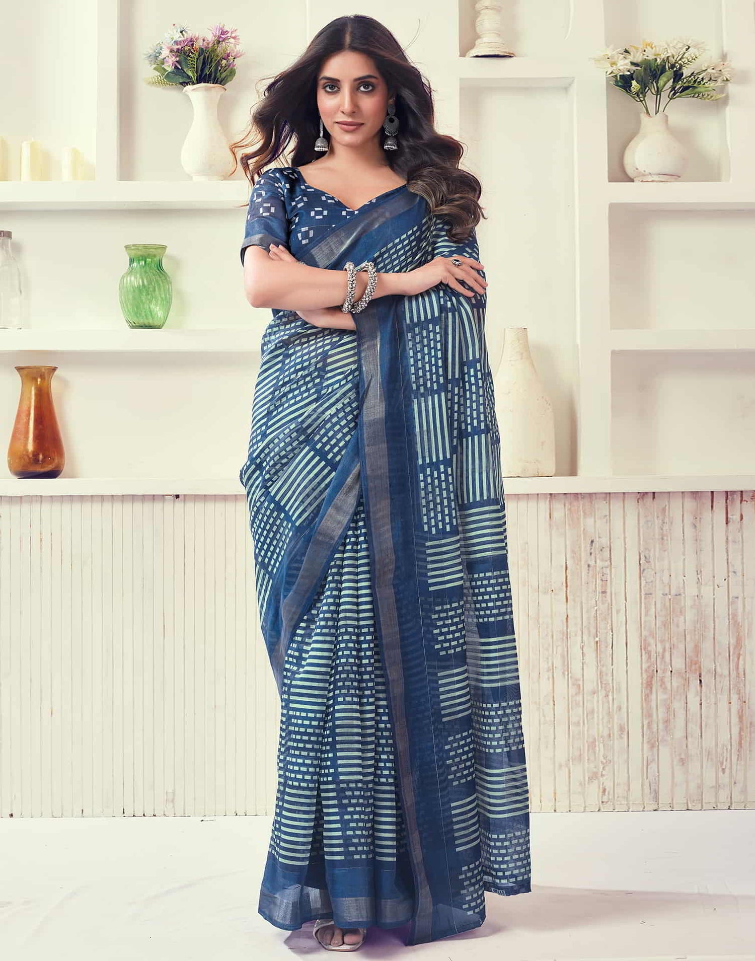 Blue Printed Cotton Geometric Saree