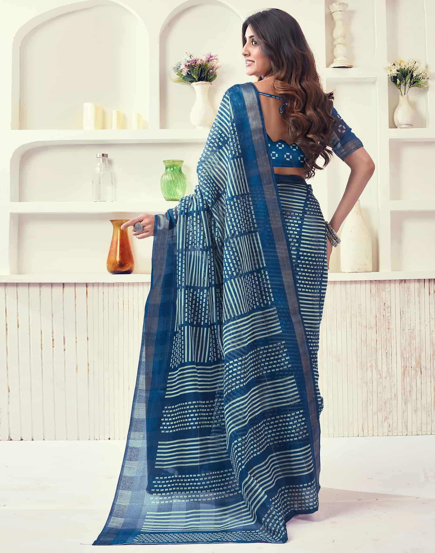 Blue Printed Cotton Geometric Saree