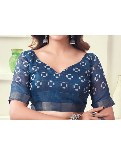 Blue Printed Cotton Geometric Saree