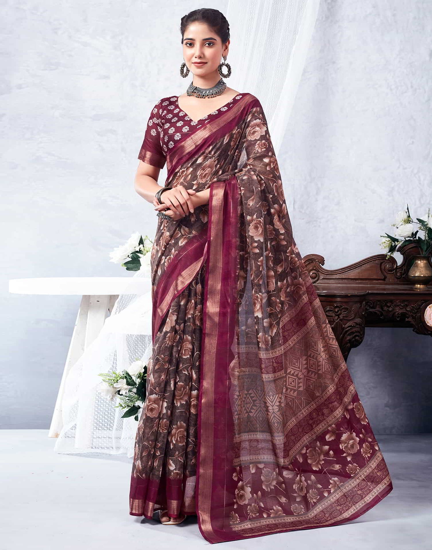 Wine Printed Cotton Saree