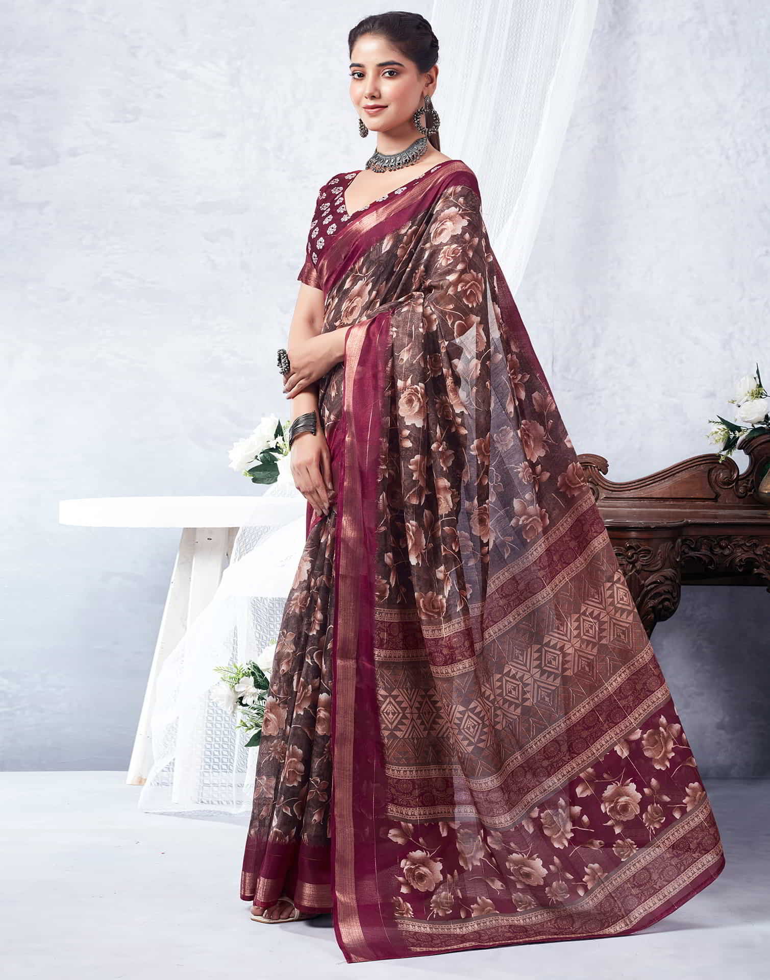 Wine Printed Cotton Saree