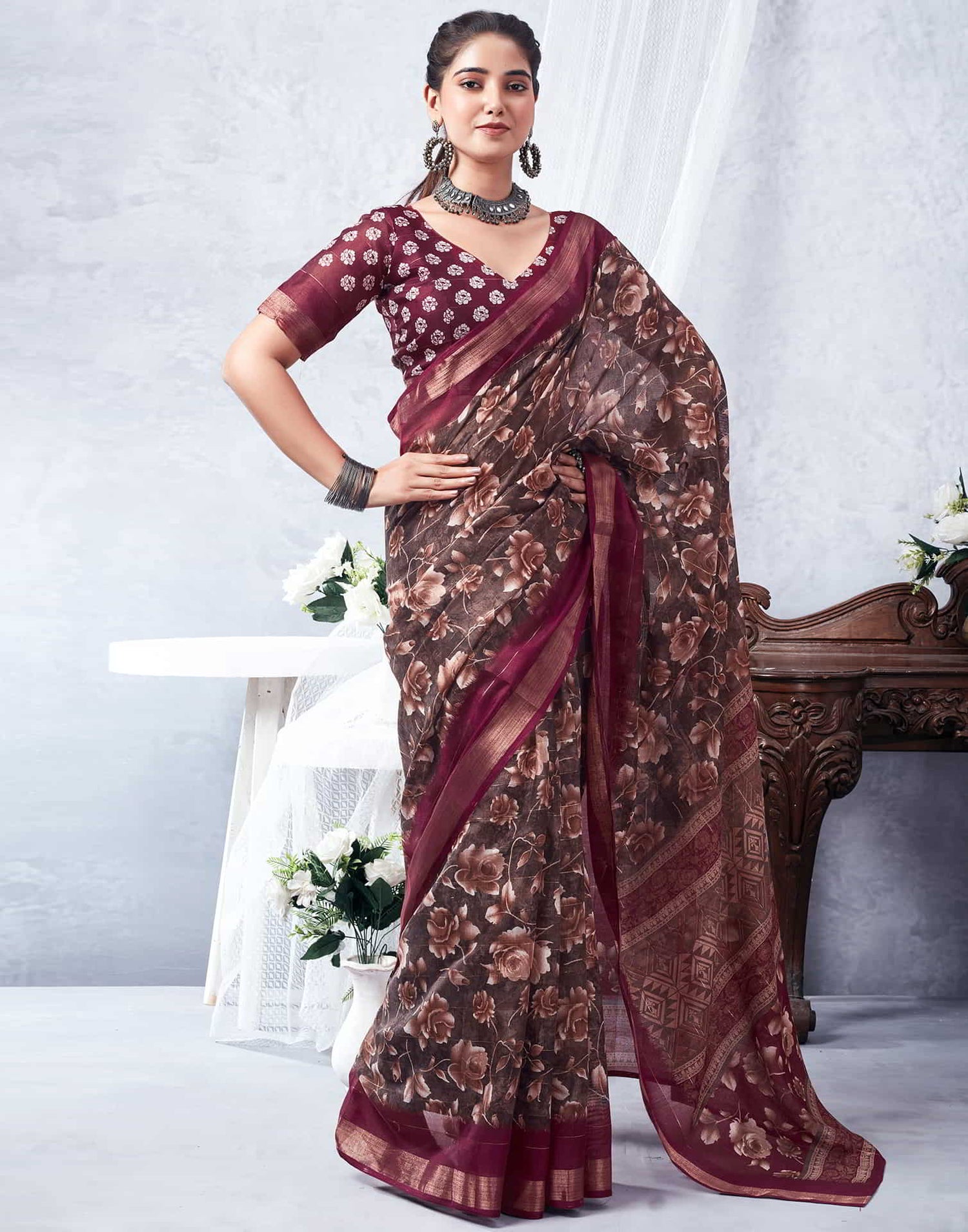 Wine Printed Cotton Saree