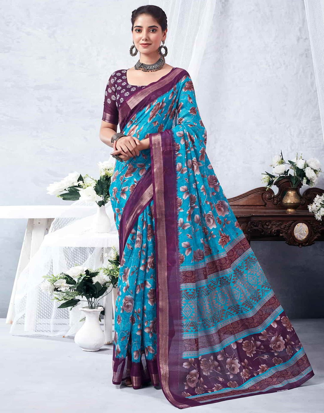 Purple Printed Cotton Saree