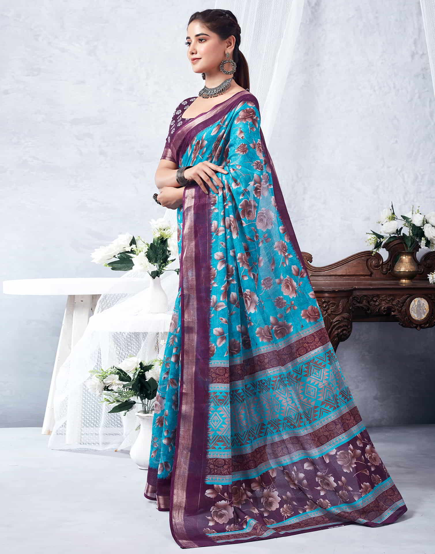 Purple Printed Cotton Saree