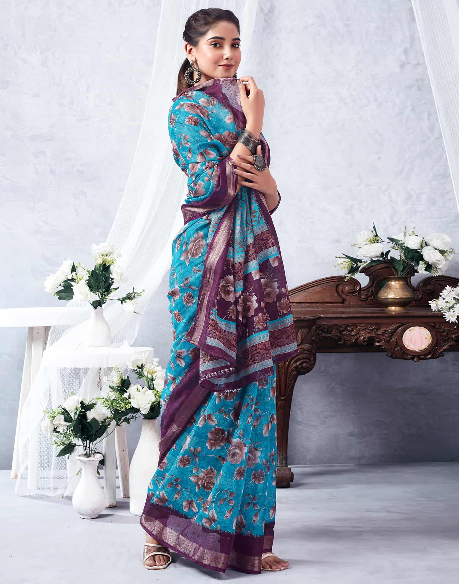 Purple Printed Cotton Saree