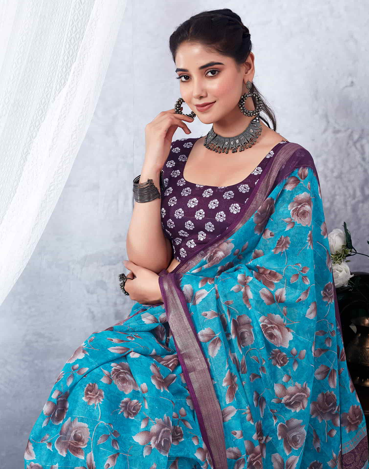 Purple Printed Cotton Saree