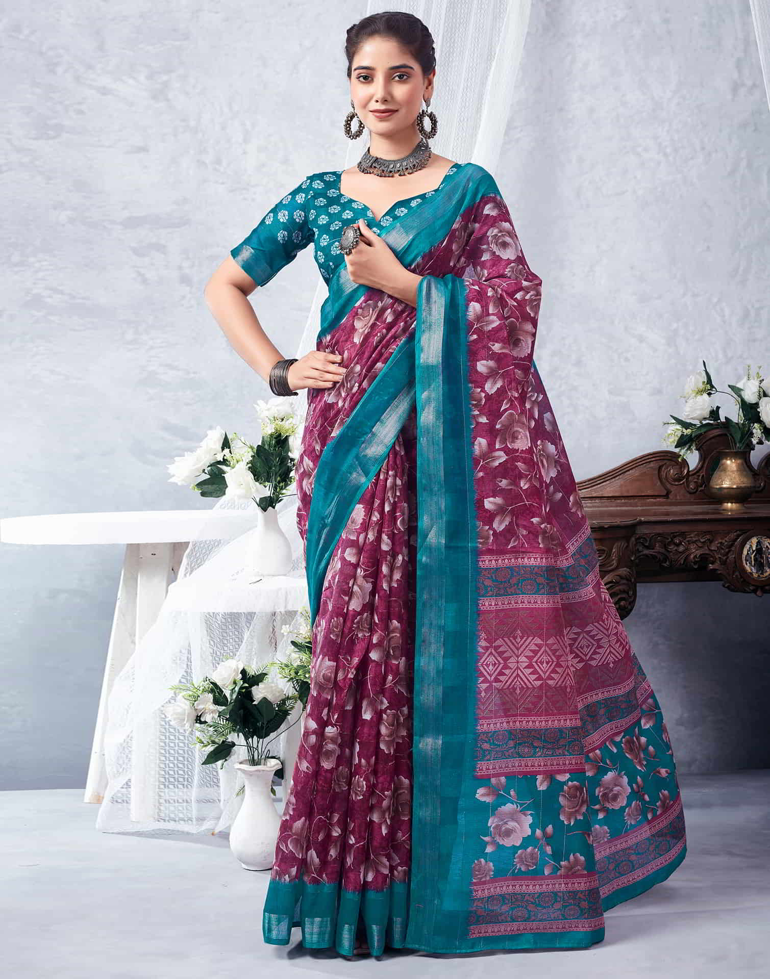 Blue Printed Cotton Saree