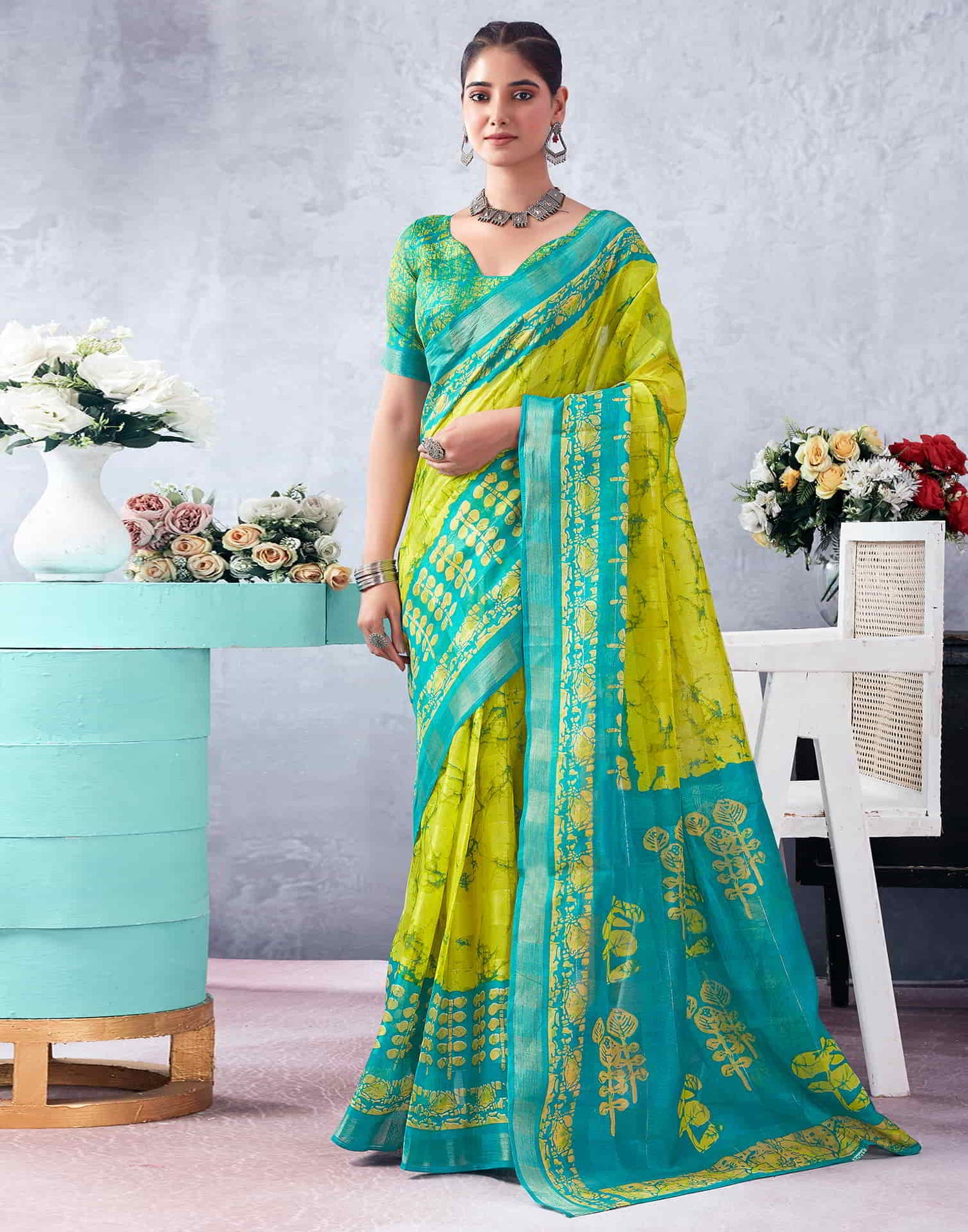 Blue Printed Cotton Zari Stripe Saree