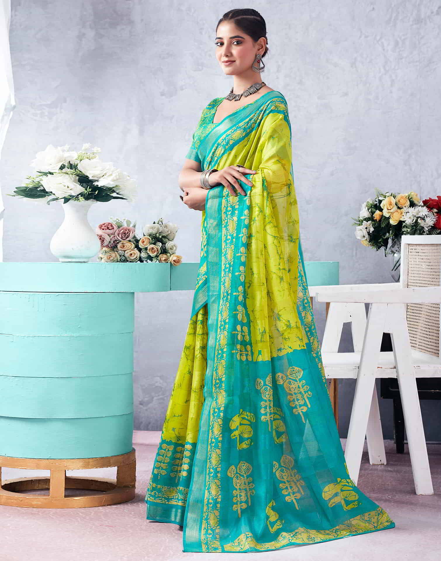 Blue Printed Cotton Zari Stripe Saree