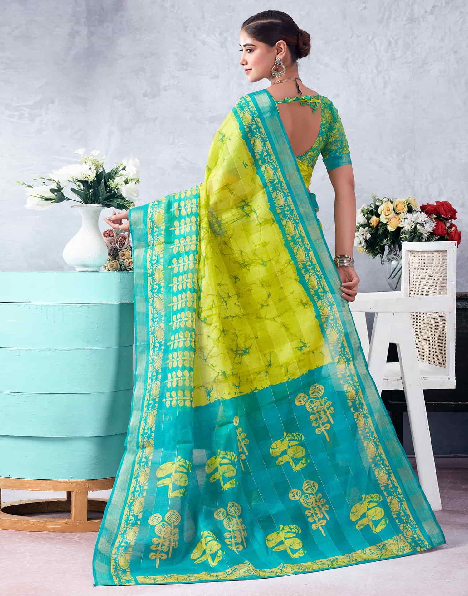 Blue Printed Cotton Zari Stripe Saree