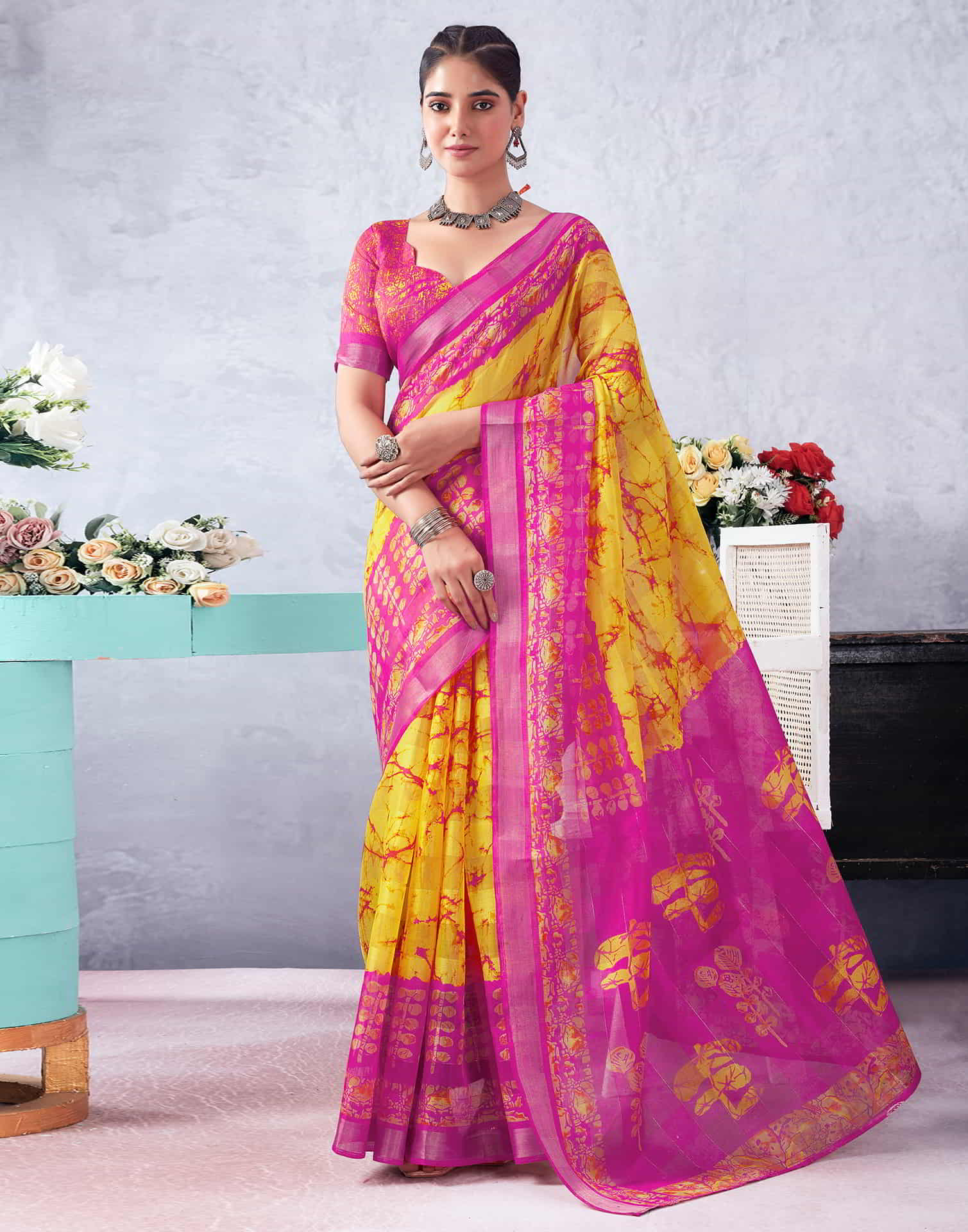 Pink Printed Cotton Zari Stripe Saree