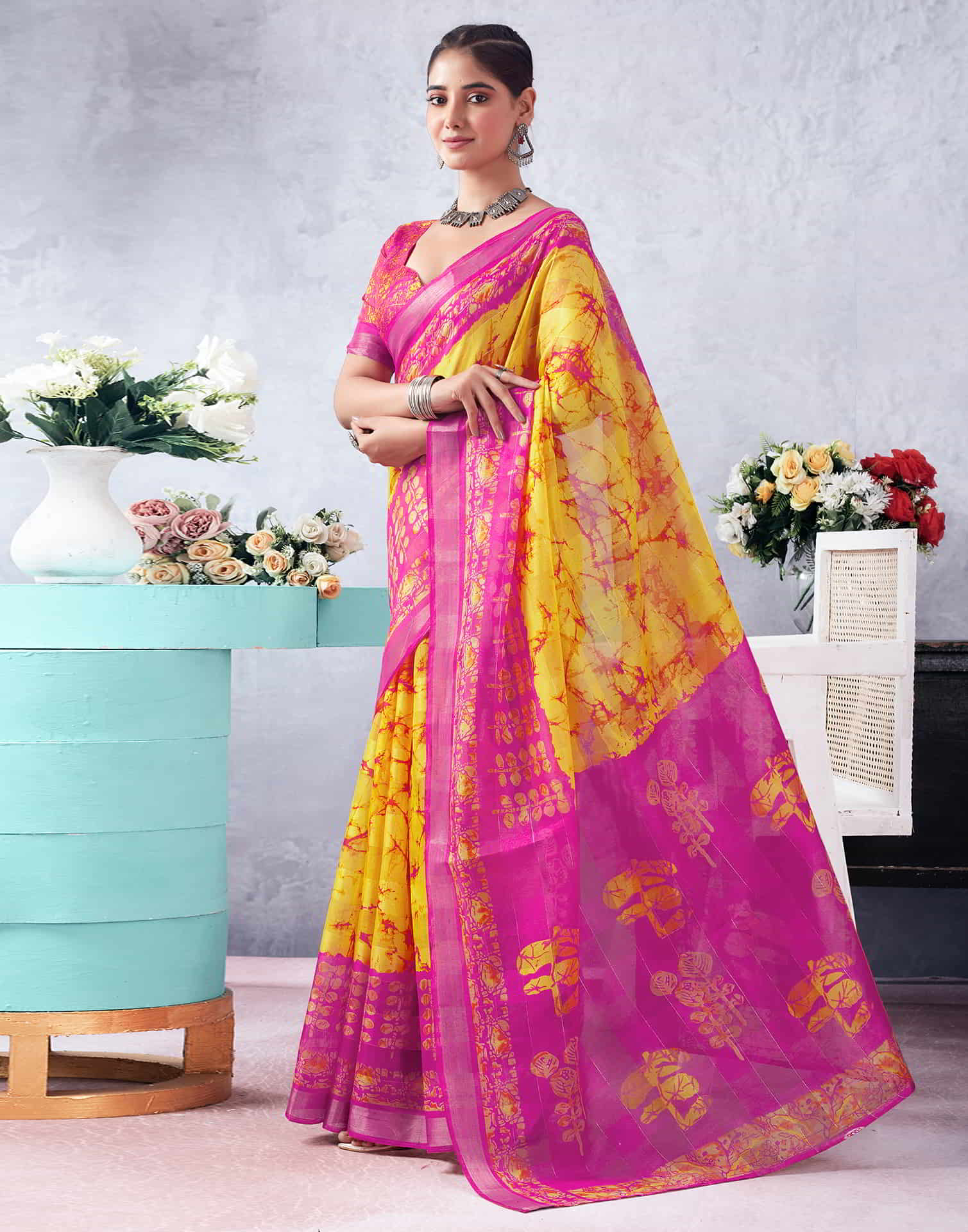 Pink Printed Cotton Zari Stripe Saree