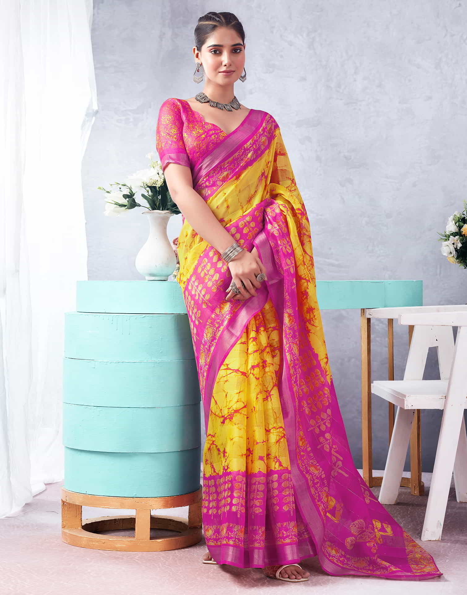 Pink Printed Cotton Zari Stripe Saree