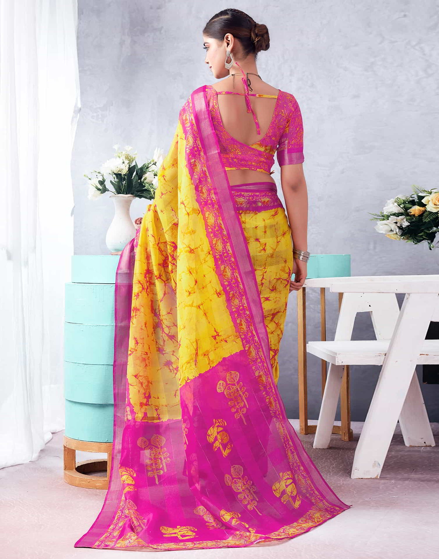 Pink Printed Cotton Zari Stripe Saree