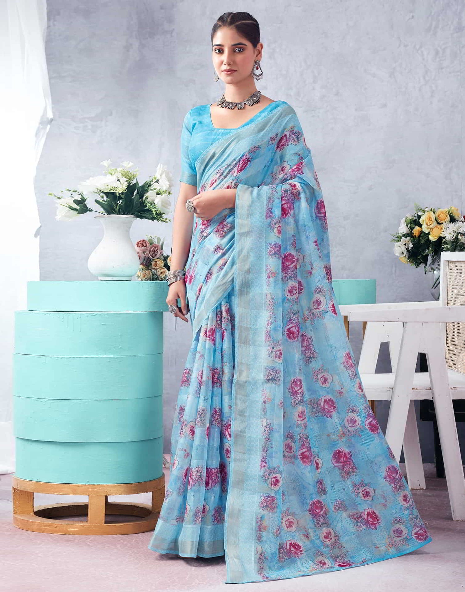 Blue Printed Cotton Saree