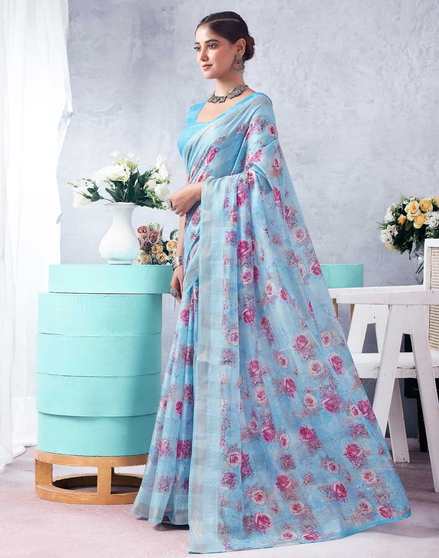 Blue Printed Cotton Saree