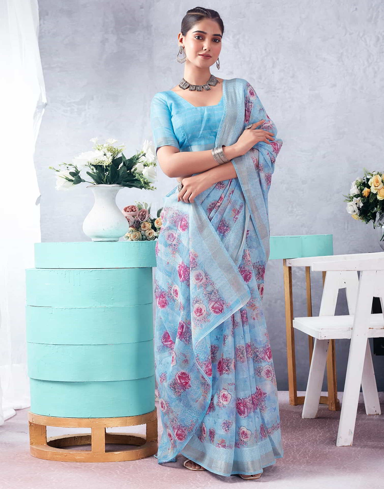 Blue Printed Cotton Saree