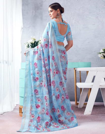 Blue Printed Cotton Saree