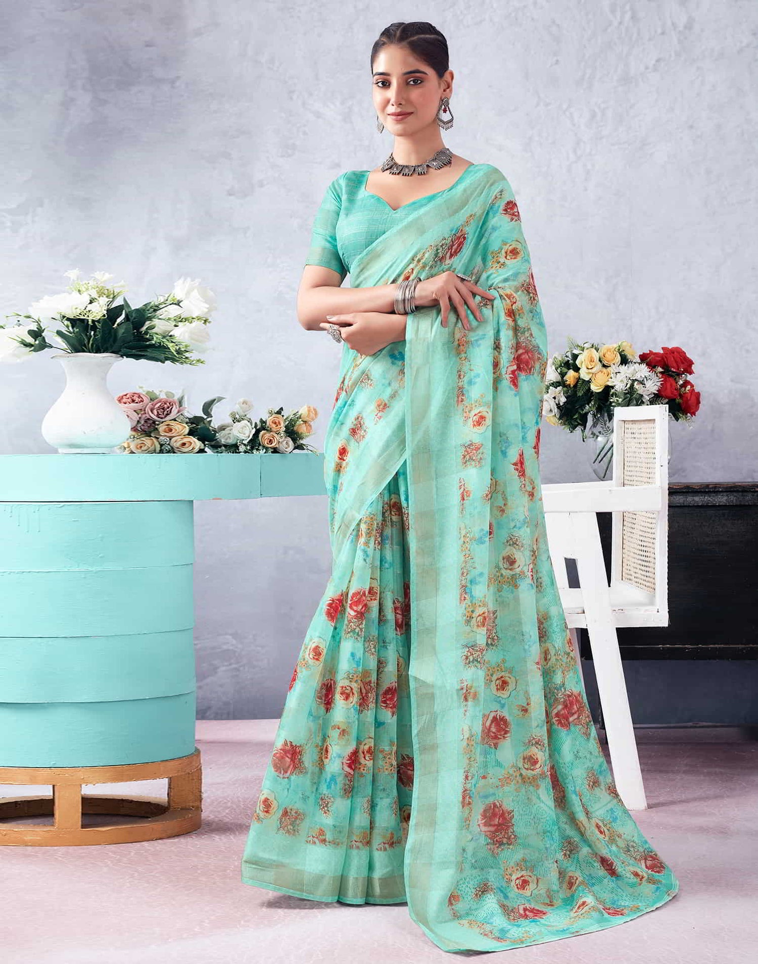 Green Printed Cotton Saree