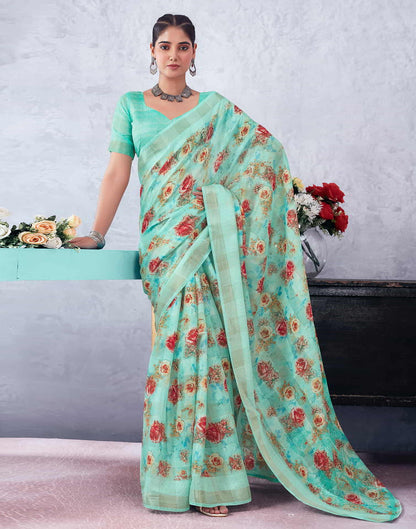 Green Printed Cotton Saree