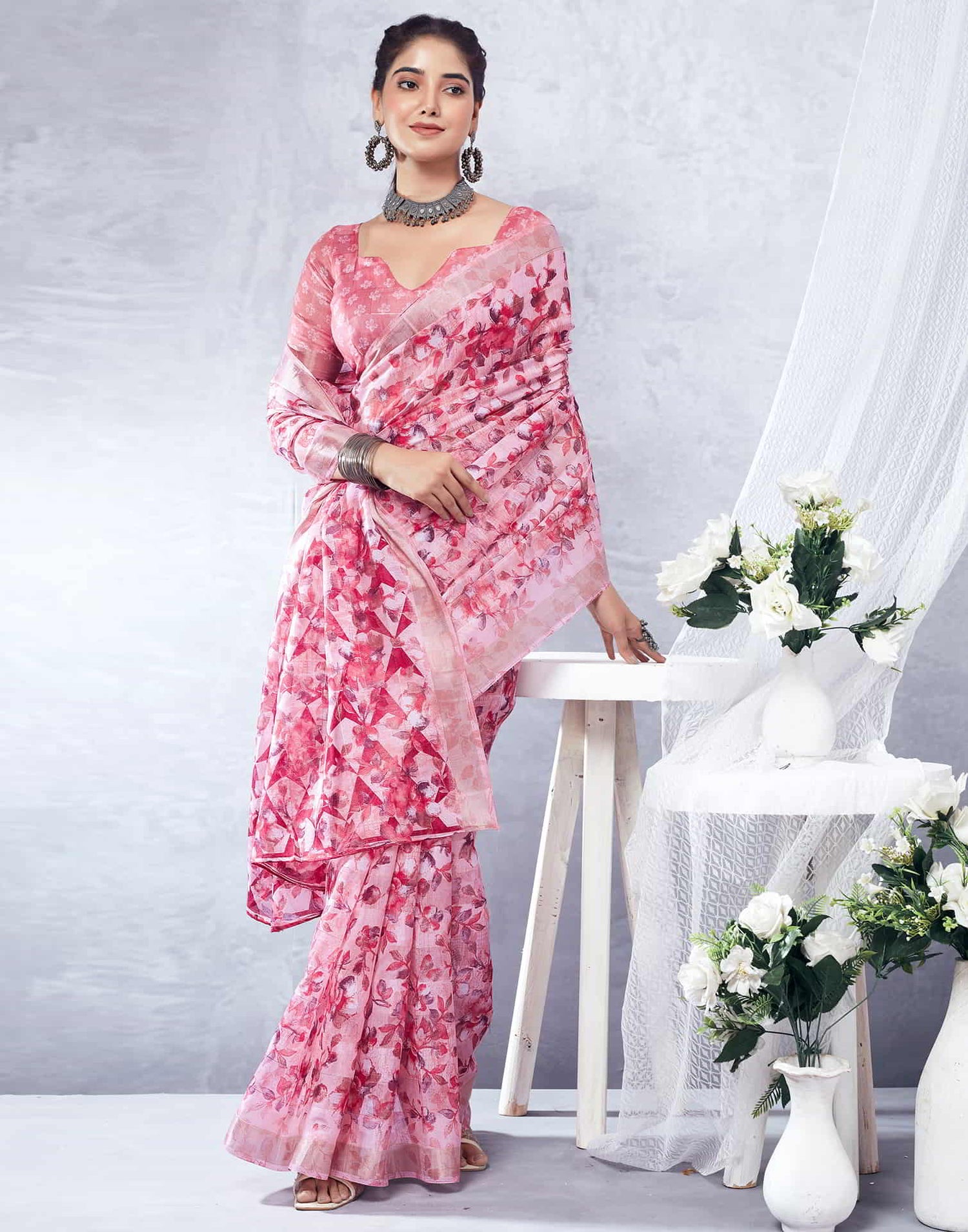 Pink Printed Cotton Saree