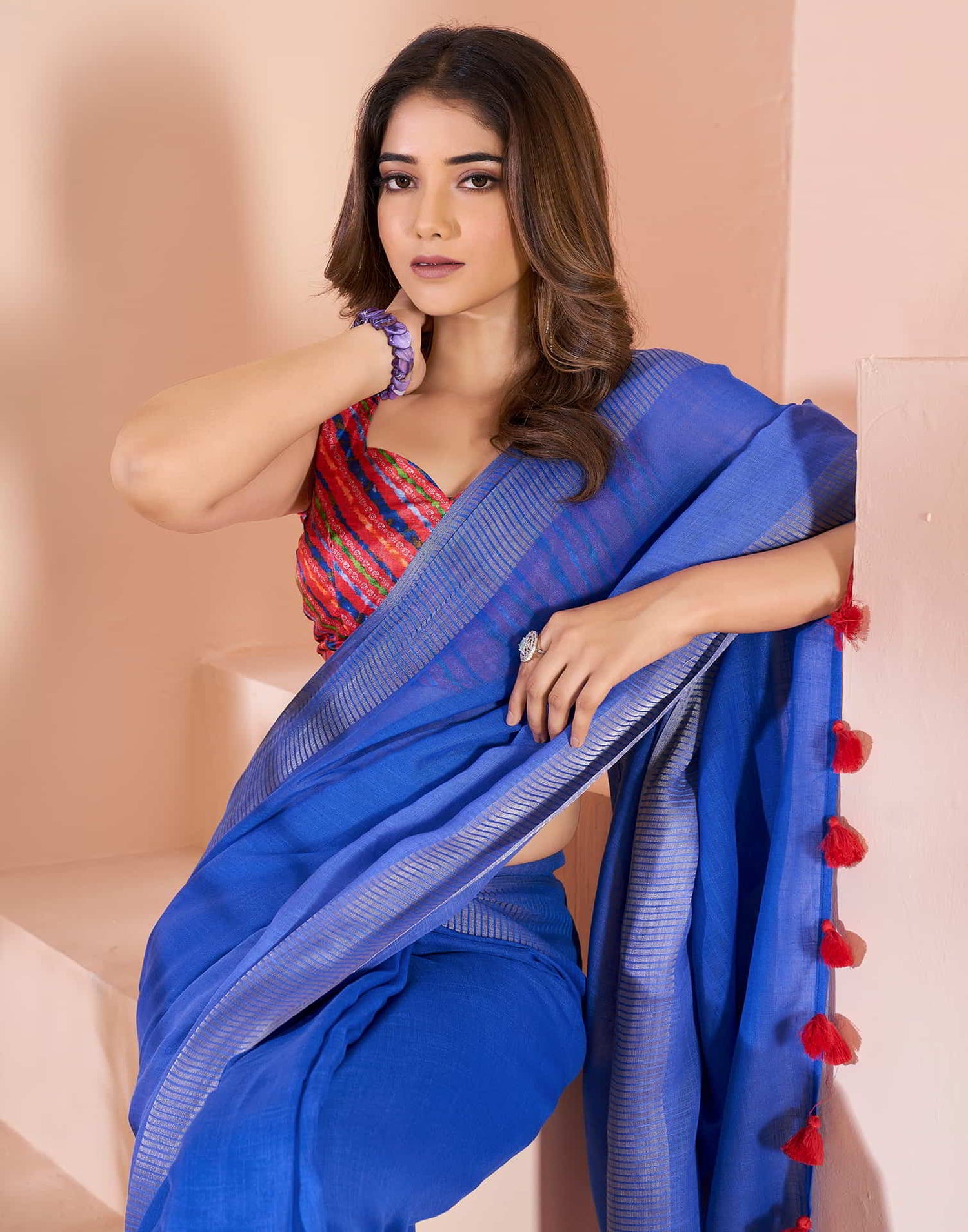 Blue Linen Plain Saree