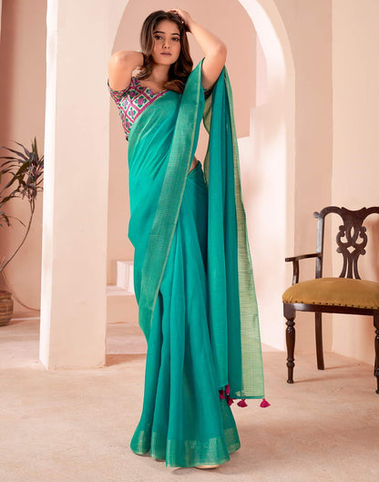 Turquoise Linen Plain Saree