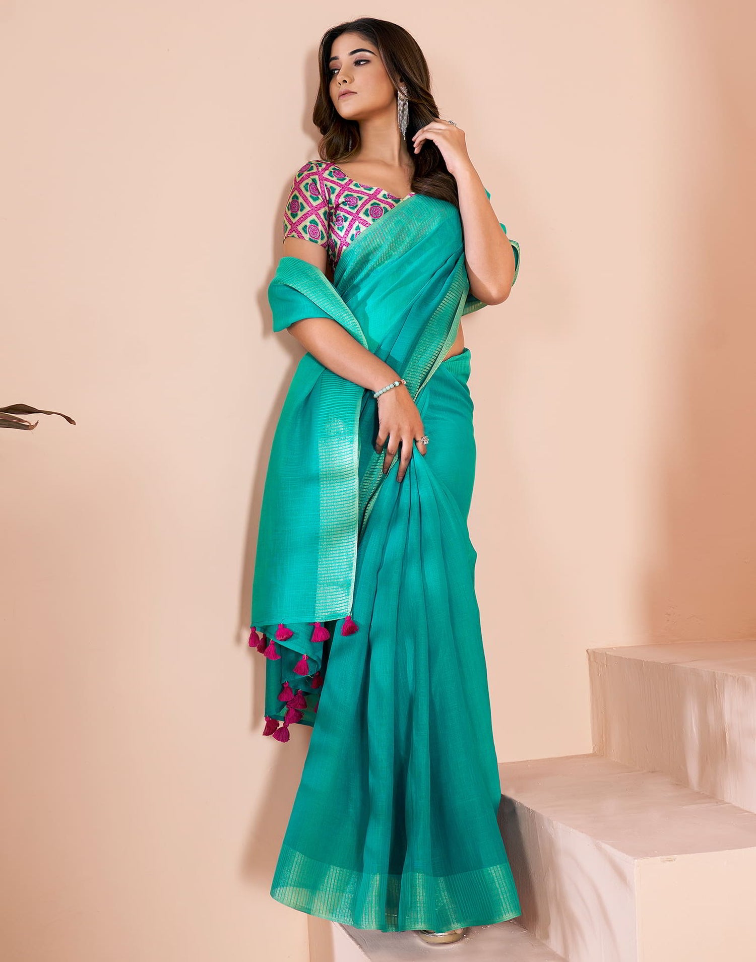 Turquoise Linen Plain Saree