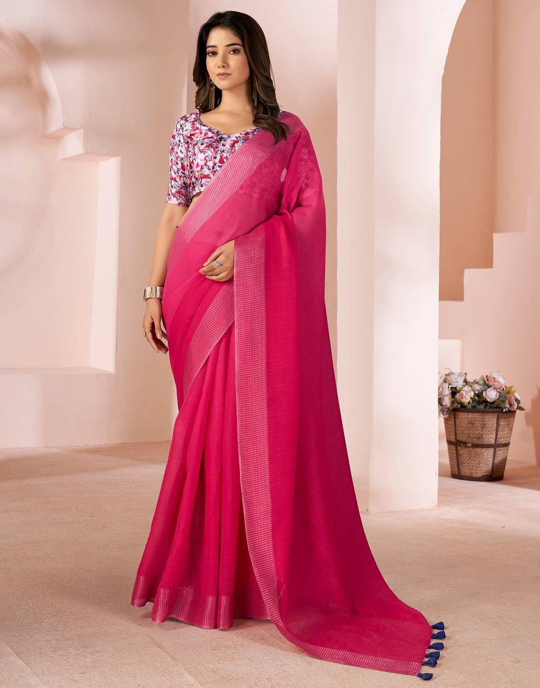 Pink Linen Plain Saree