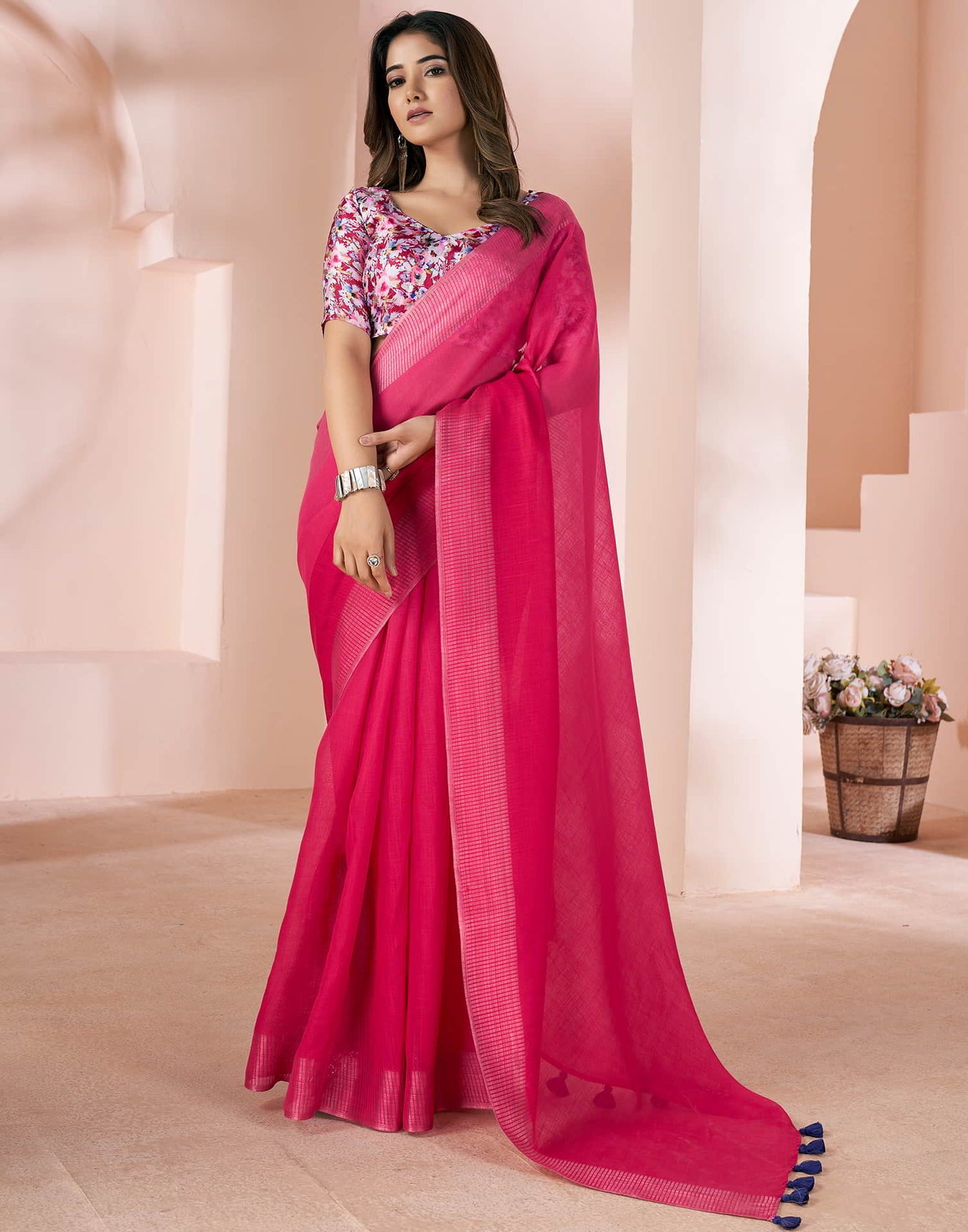 Pink Linen Plain Saree